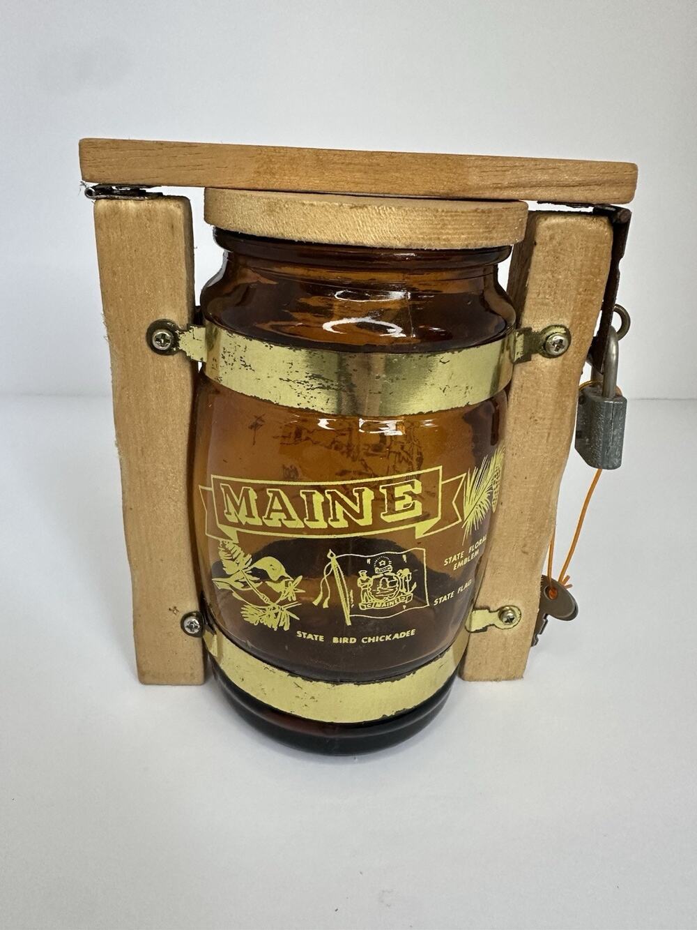 Vintage Maine Amber Glass Barrel Coin Bank Wood Frame Lock Keys Souvenir
